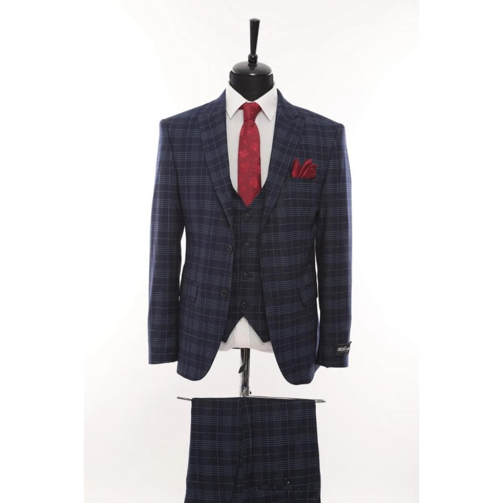 Derman Double Breasted Navy Square Patterned Fabric 3 Piece Suit
